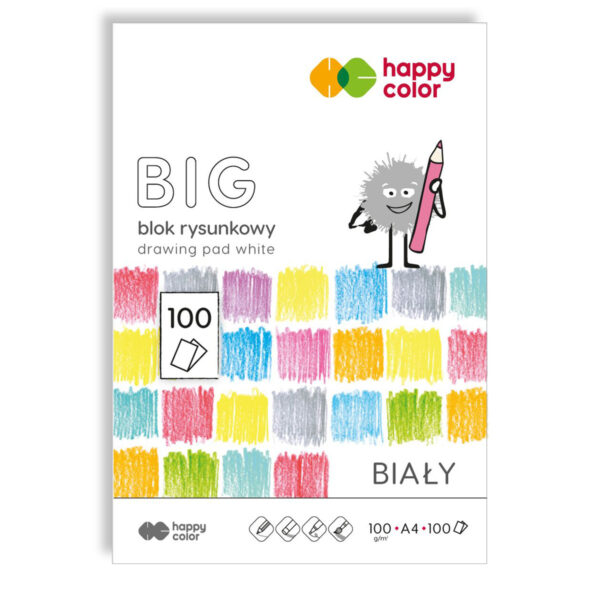 Blok rysunkowy BIG HAPPY COLORS Śnieżnobiały 100 arkuszy A4 do rysowania kredkami, pastelami i farbami