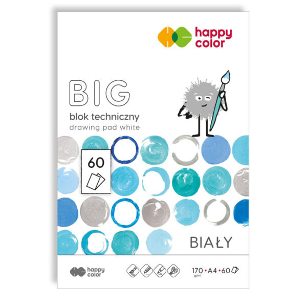 Blok techniczny BIG HAPPY COLORS Śnieżnobiały 100 arkuszy A4 do rysowania kredkami, pastelami i farbami