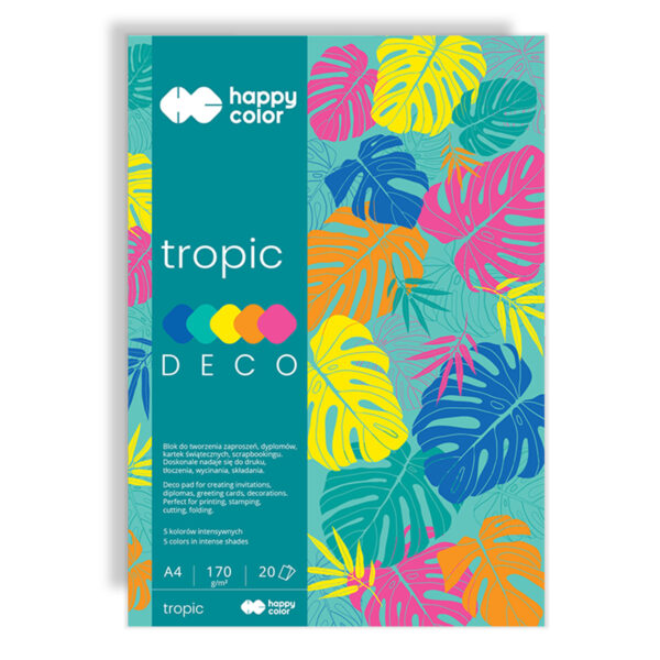 Blok Deco HAPPY COLOR Tropic 20 arkuszy w 5 kolorach A4 do zadrukowania, wycinania i składania.