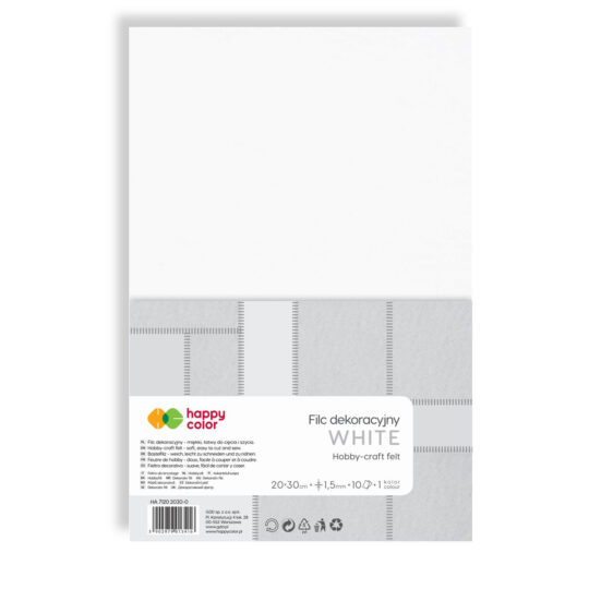 Filc dekoracyjny HAPPY COLOR Biały Format A4, 10 arkuszy. Idealny do tworzenia dekoracji i maskotek. Nie rozrywa się podczas szycia.