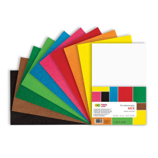 Filc dekoracyjny HAPPY COLOR Mix kolorów Format A4, 10 arkuszy. Idealny do tworzenia dekoracji i maskotek. Nie rozrywa się podczas szycia.