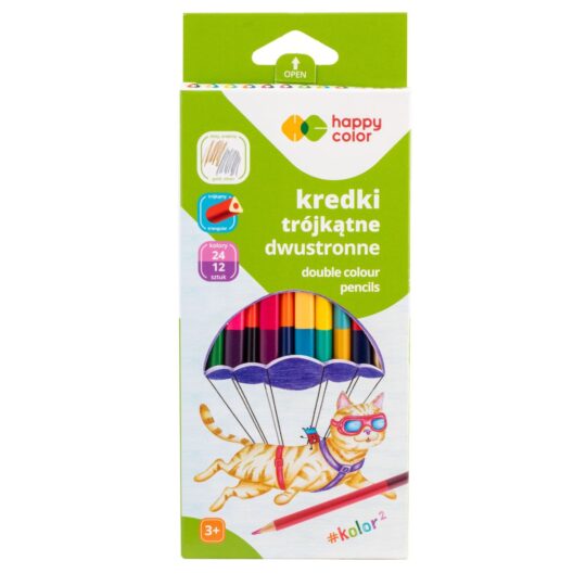 Opakowanie kredek Happy Color: kredki trójkątne, dwustronne, 24 kolory (12 sztuk), na opakowaniu ilustracja kota z okularami i spadochronem